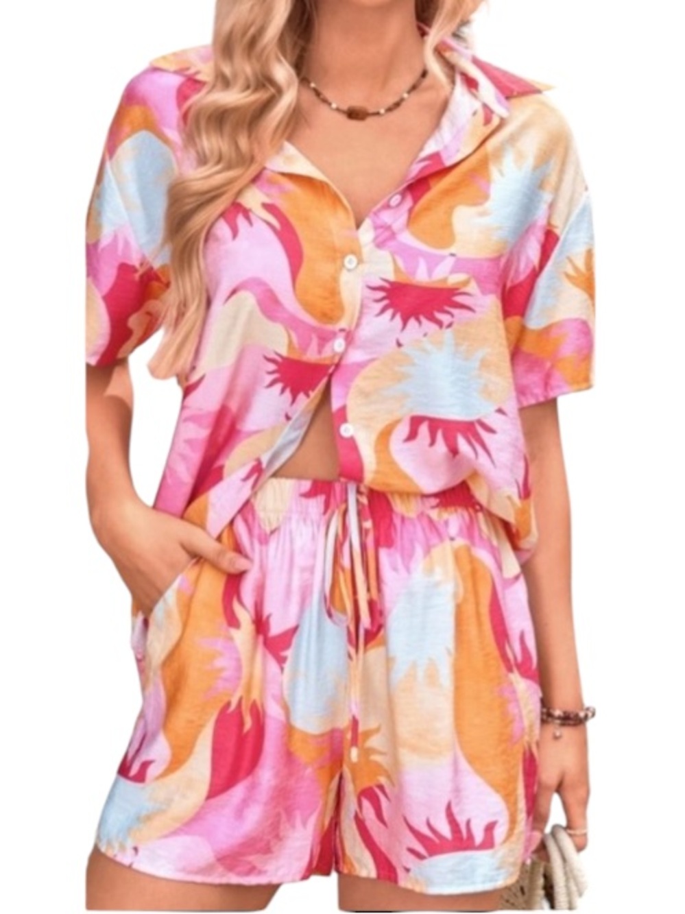 Pretty Garden Women’s Abstract Print Short Sleeve Button Down Shirt Shorts Set L